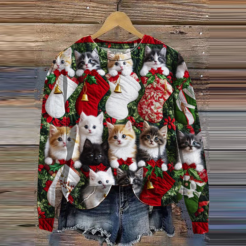 Christmas Cute Cat Art Print Casual Sweatshirt elevenforest