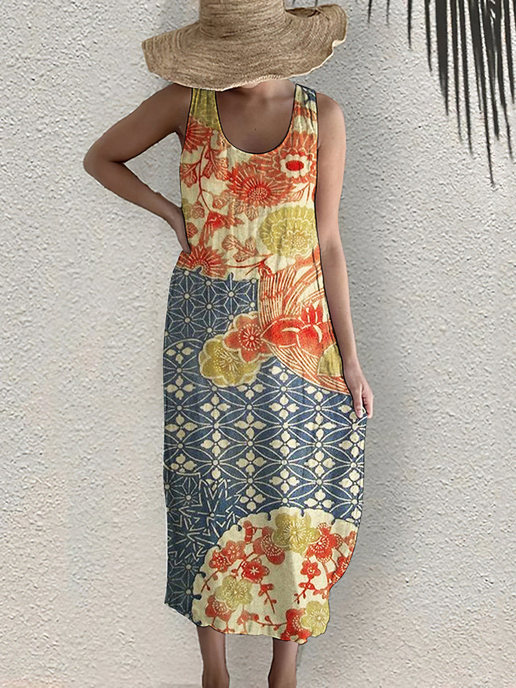 Japanese Art Flower Print Round Neck Sleeveless Loose Midi Dress