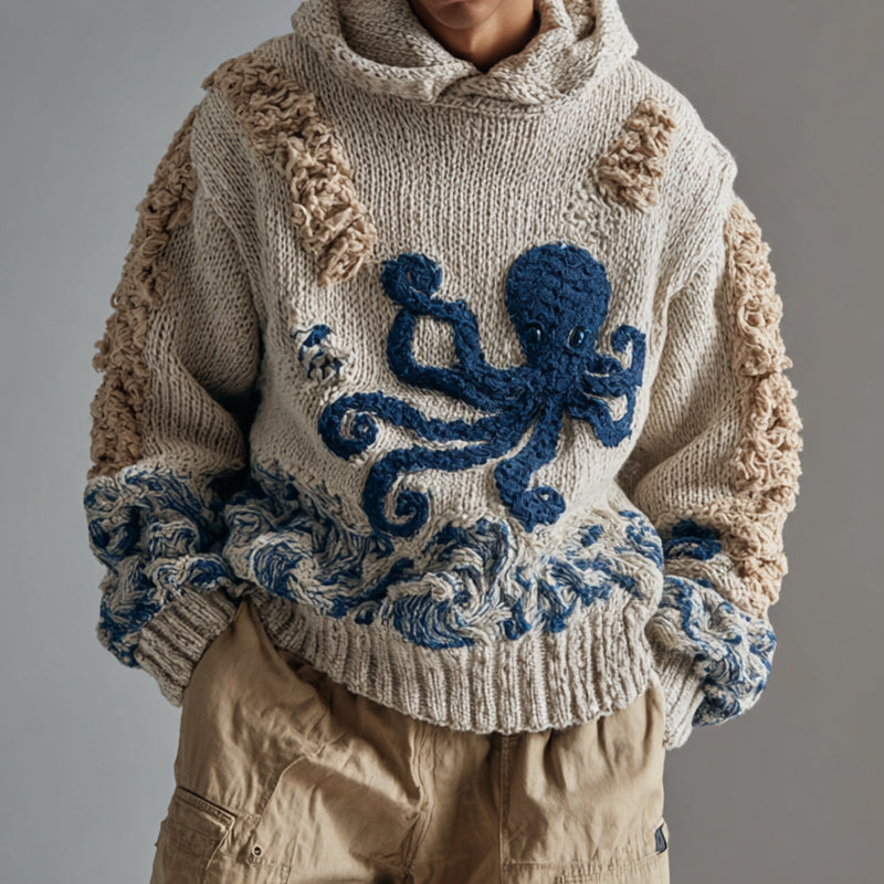 Men's Japanese Octopus Art Knit Hooded Sweater elevenforest