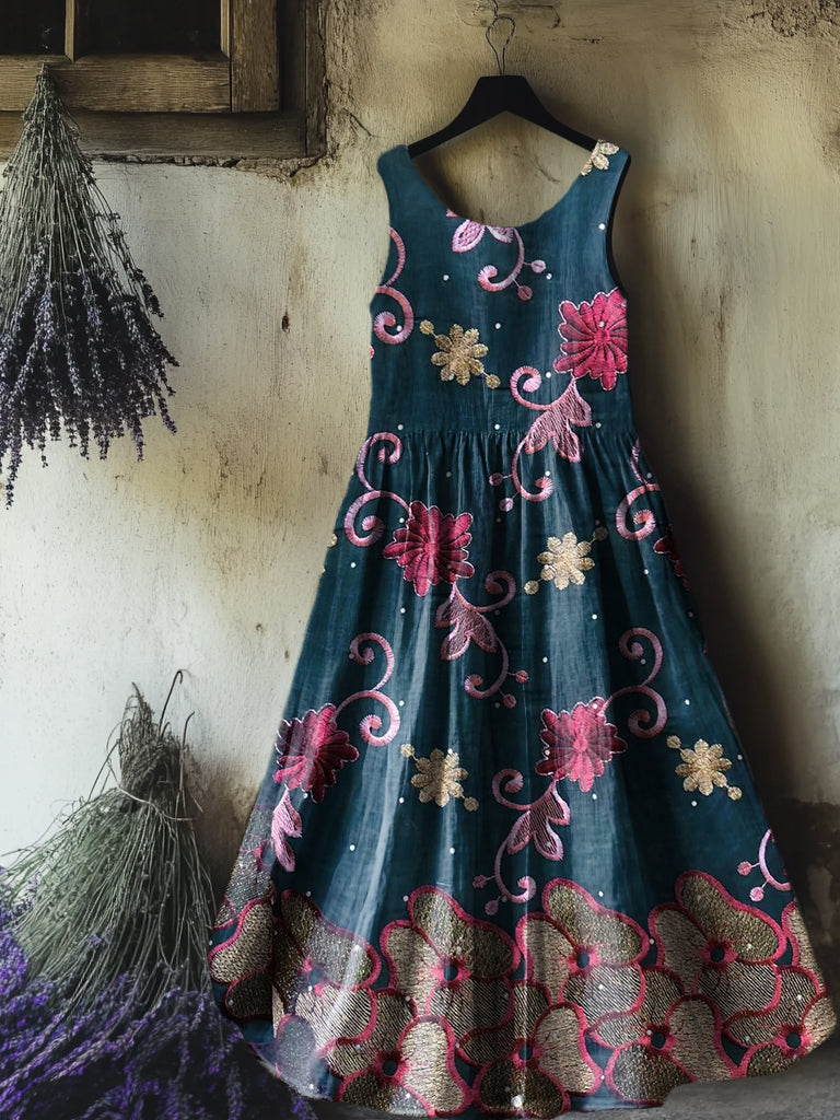 Women's Floral Art Print Round Neck Sleeveless Cotton Pocket Dresses