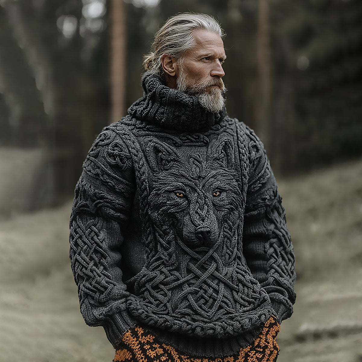 Men's Vintage Viking Wolf Pattern Knit Turtleneck Pullover Sweater artswardrobe