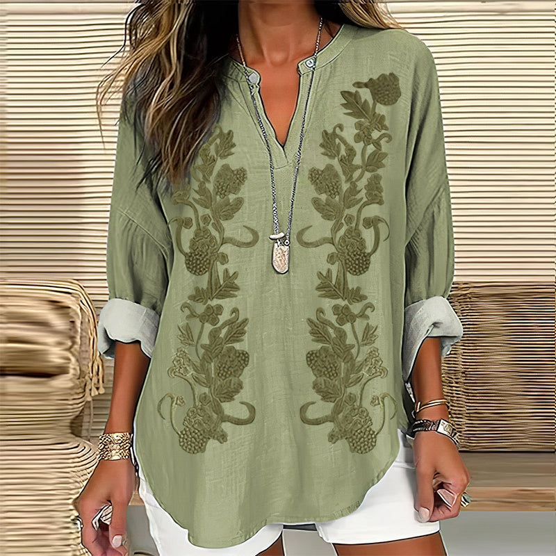 Comstylish Women's Embroidered Flower V-neck Linen Blend Loose Blouse