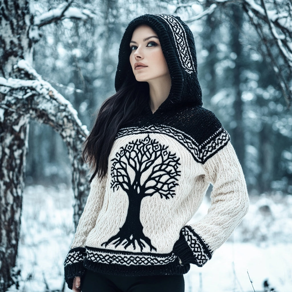 Women's Viking Tree Of Life Contrast Jacquard Cozy Knit Hooded Sweater elevenforest