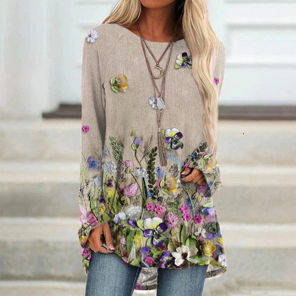 Floral Print Round Neck Casual Tunic artswardrobe