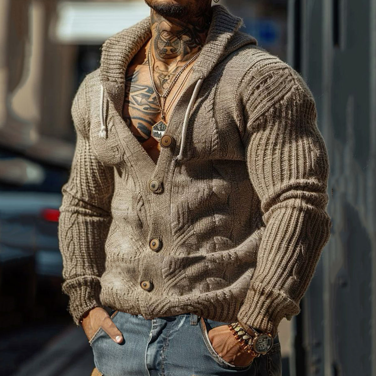 Men's Fairman Island Vintage Jacquard Art Hooded Cardigan artswardrobe