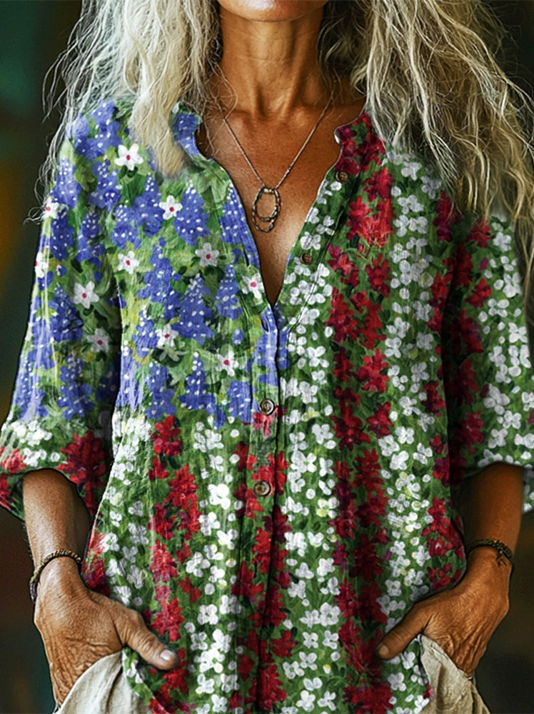 Women's Independence Day Floral Flag Art Print Casual Cotton Shirt