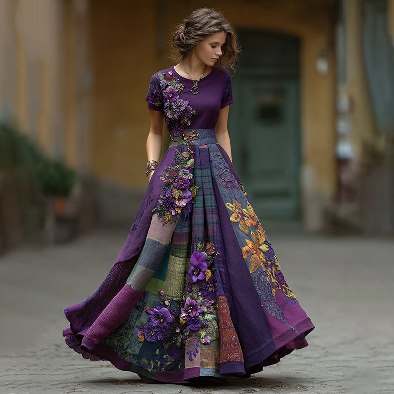 Women's Vintage Embroidered Pansy Floral Patchwork Plaid Short Sleeve Maxi Dress artswardrobe