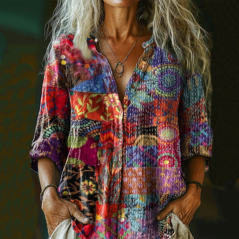 Comstylish Women's Bohemian Floral Patchwork Print Cotton And Linen Shirt
