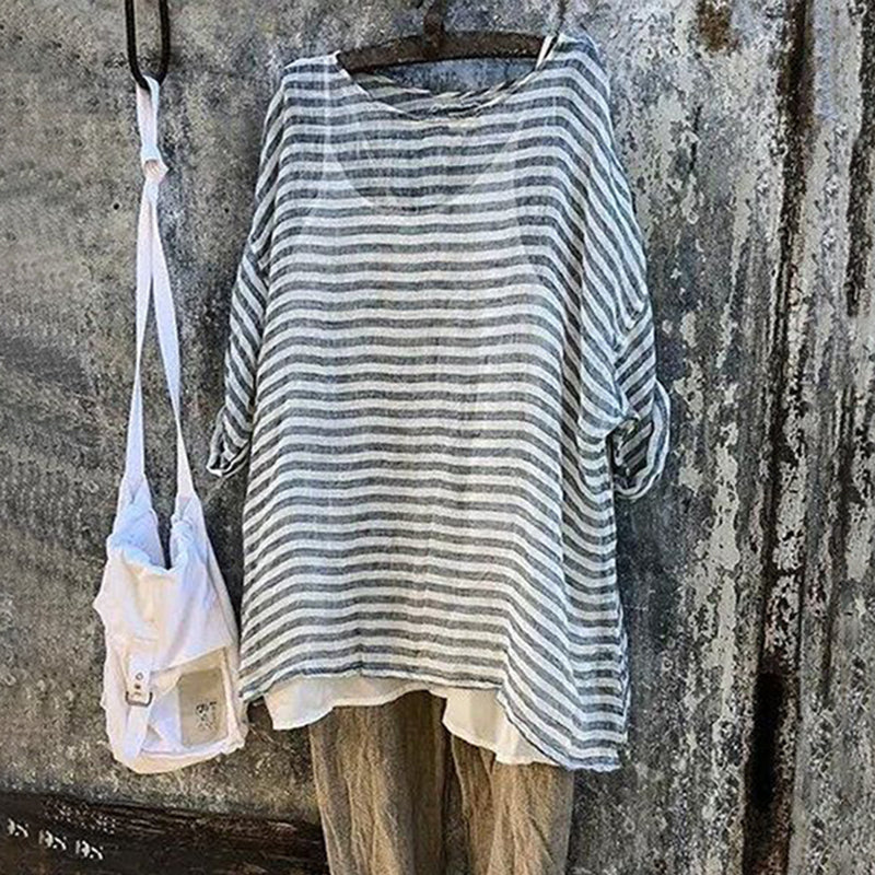 Comstylish Women's Vintage Stripes Cotton Linen Casual Shirt