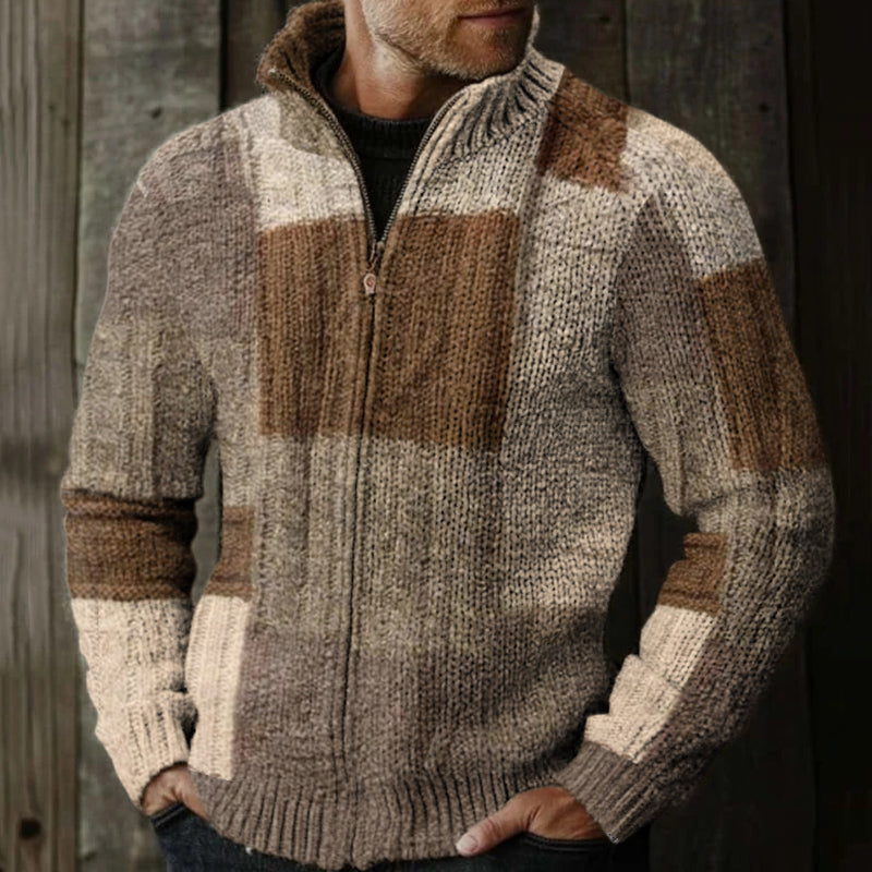 Men's Vintage Fairman Island Patchwork Pattern Zip Sweater artswardrobe