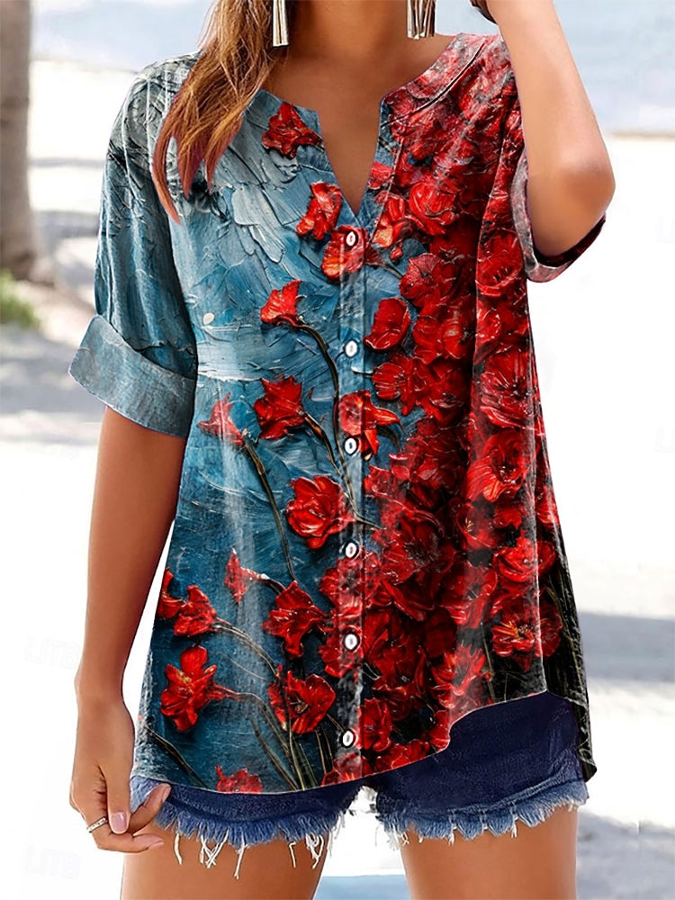Women's Floral Pattern Art Print Casual Cotton Linen Short Sleeve Shir