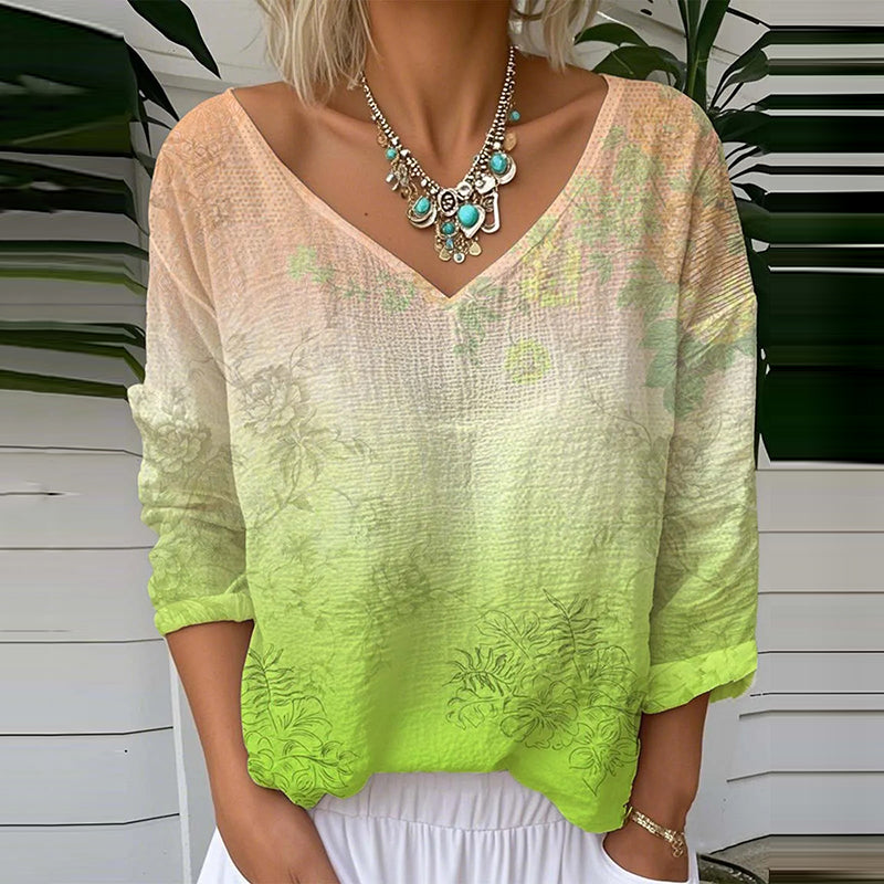 Floral Gradient Print V-neck Loose Linen Blend T-shirt artswardrobe