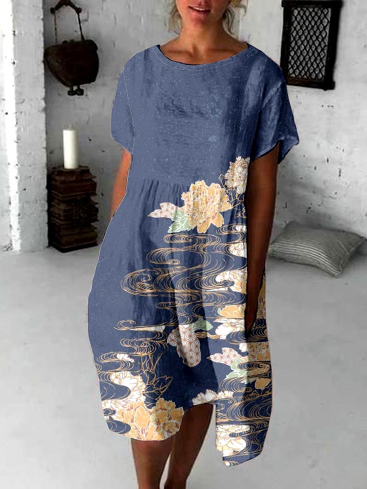 Japanese Floral Art Flowy Midi Dress
