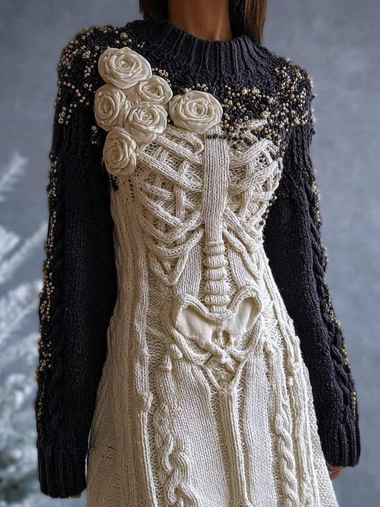 Vintage Skeleton Roses Contrast Color Cozy Sweater Dress artswardrobe