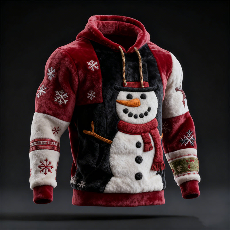 Comstylish Men's Christmas Snowman Snowflakes Colorblock Cozy Plush Hoodie