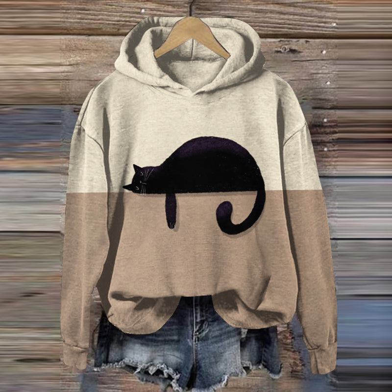 Women's Color Block Black Cat Silhouette Print Casual Hoodie elevenforest
