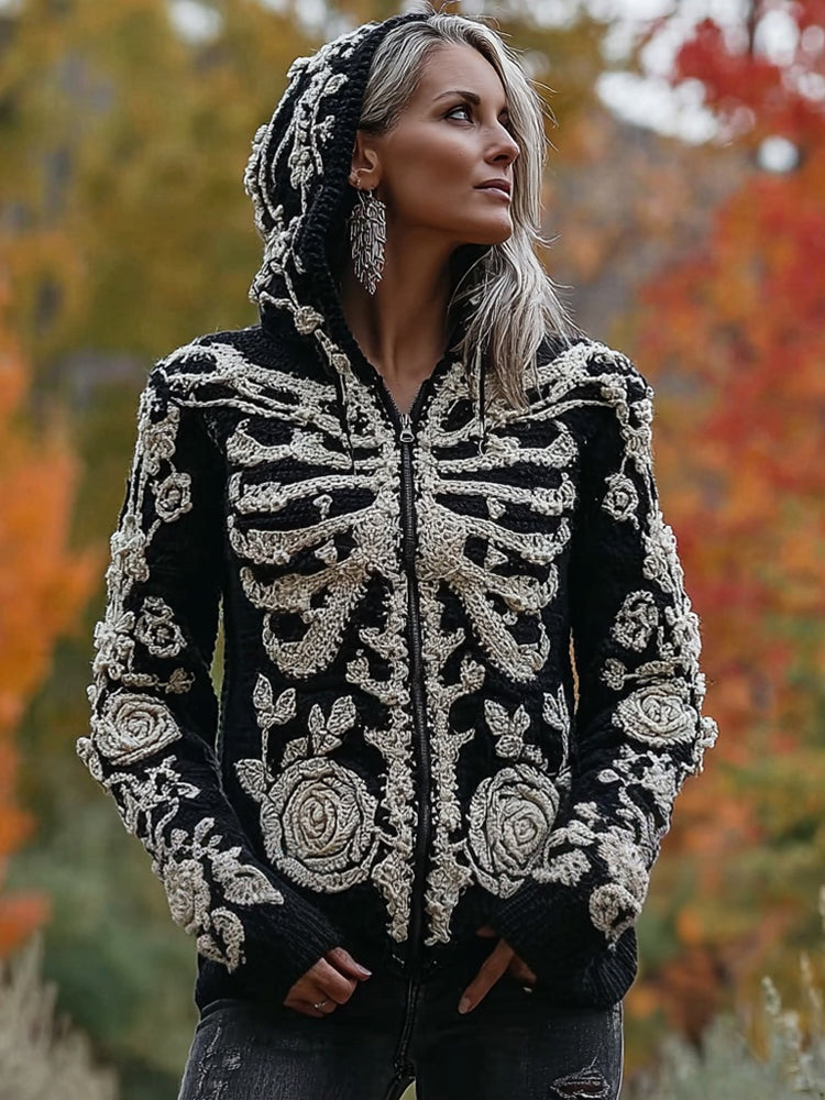 Vintage Skeleton Roses Art Zip Up Cozy Hooded Sweater artswardrobe
