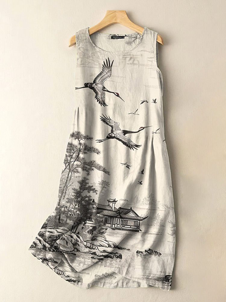 Japanese Vintage Crane Landscape Print Sleeveless Cotton And Linen Mid