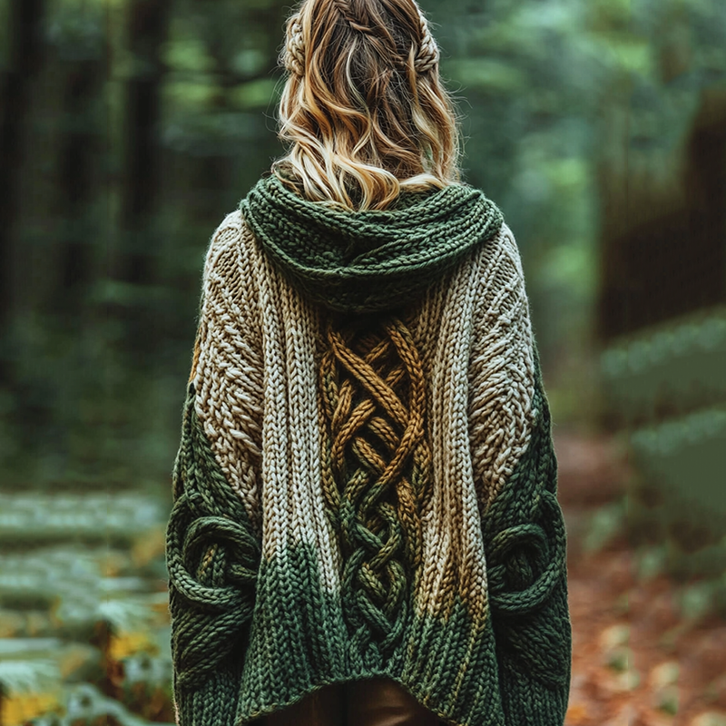 Women's Irish Celtic Knot Gradient Color Cozy Knit Hooded Cardigan artswardrobe