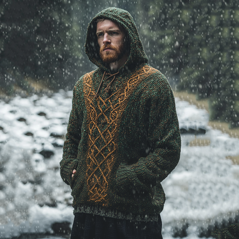 Men's Vintage Irish Celtic Knot Jacquard Mottled Hooded Sweater artswardrobe