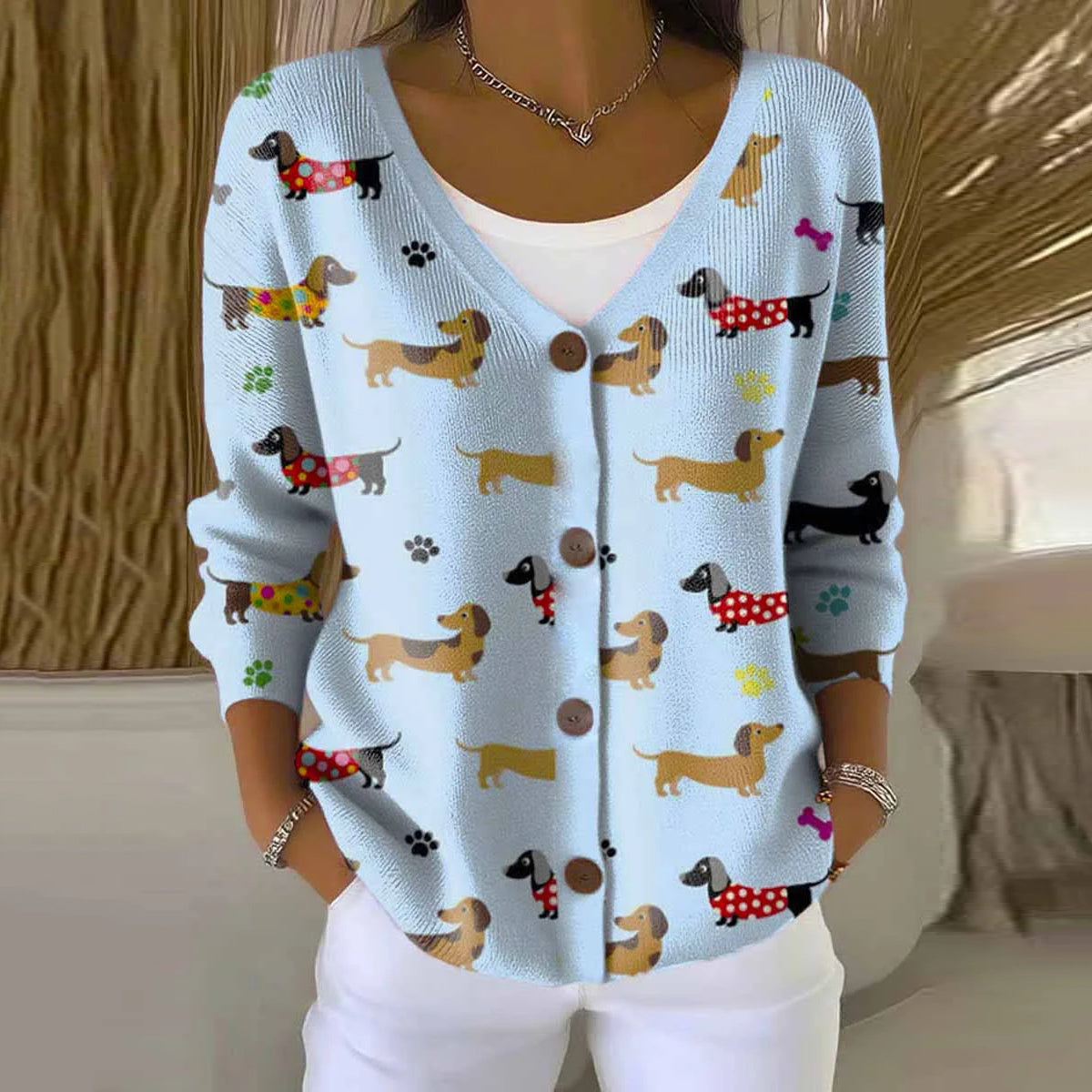 Funny Dogs Art Print Buttoned V-neck Cardigan Sweater elevenforest