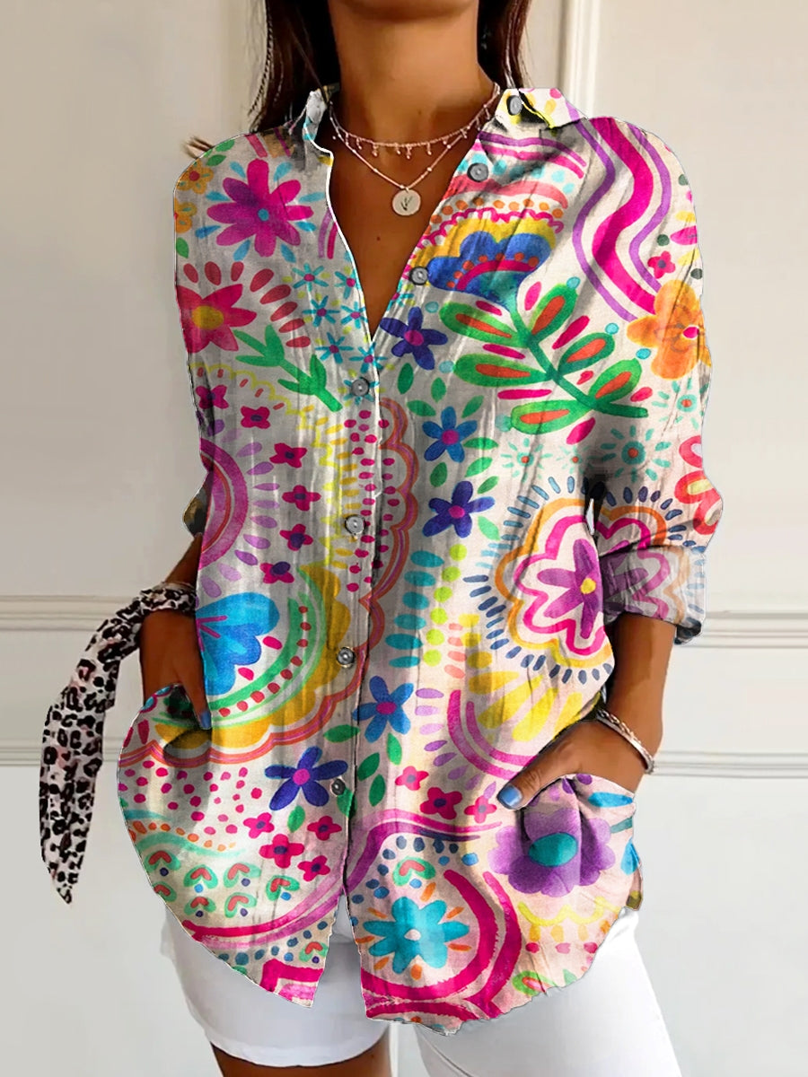 Women's Bohemian Watercolor Floral Art Print Casual Cotton Shirt