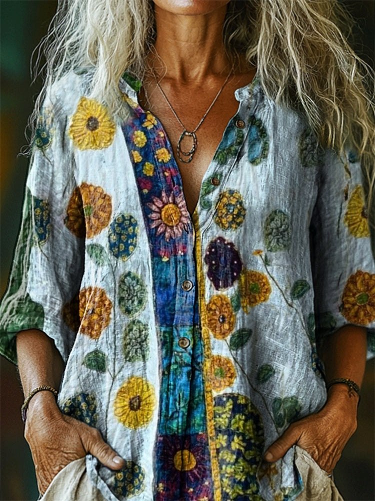 Women's Vintage Ethnic Floral Tattoo Pattern Art Print Casual Cotton L