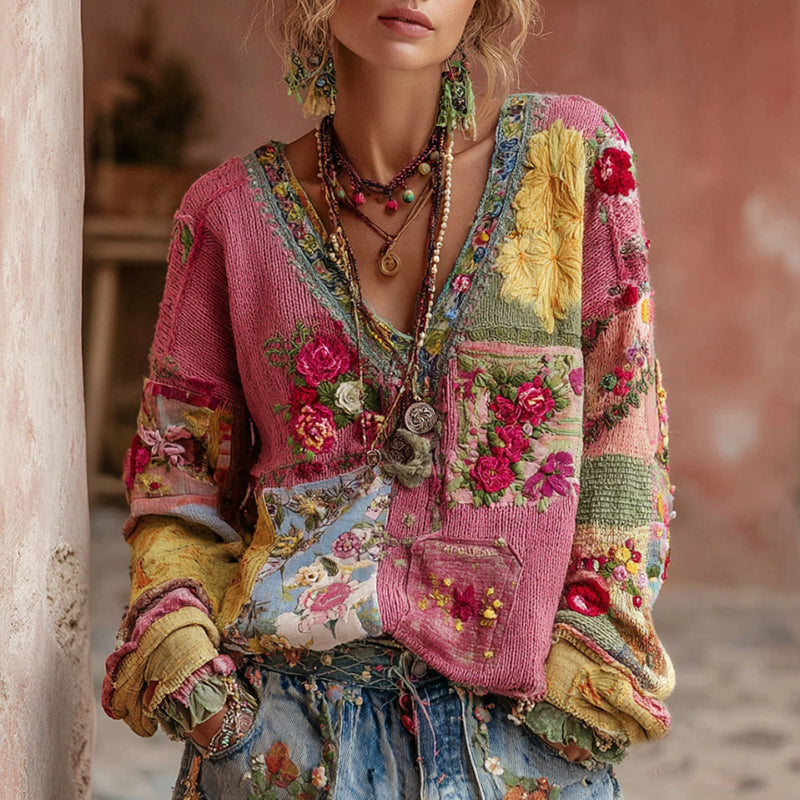 Women's Vintage Floral Embroidery Patchwork Art V-neck Pullover Cozy Knit Sweater elevenforest