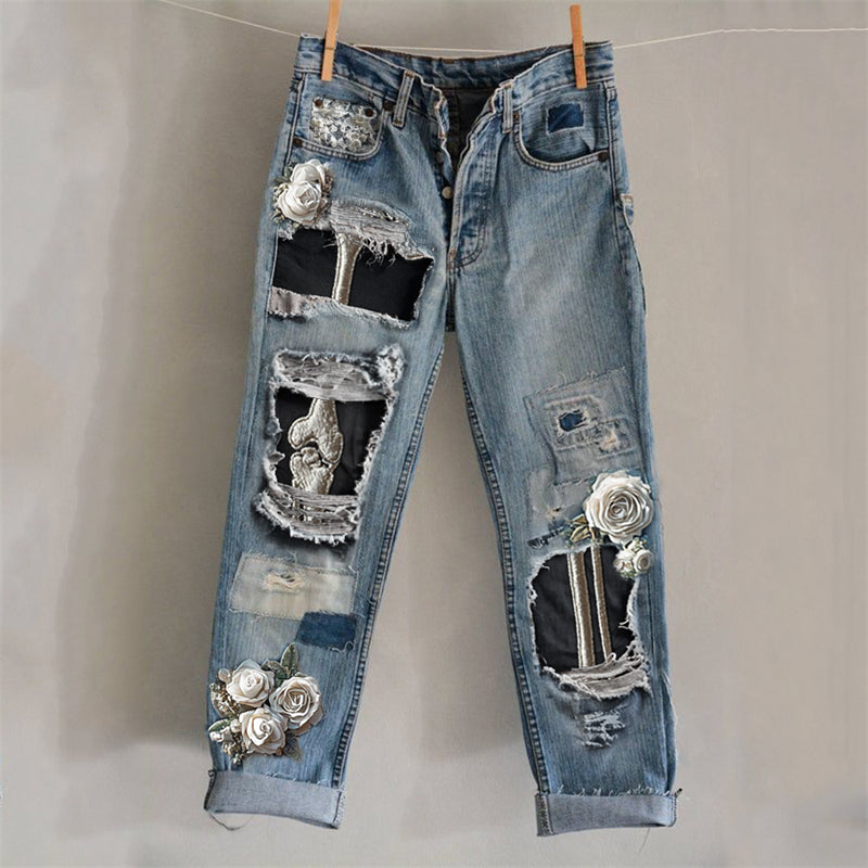 Comstylish Halloween Skeleton Anatomy White Roses Distressed Washed Jeans