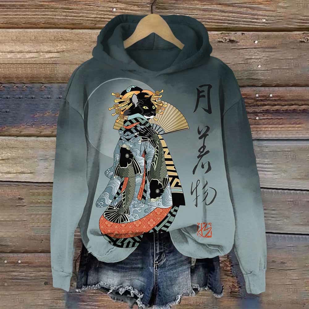Japanese Ancient Geisha Kimono Black Cat Print Hoodie elevenforest