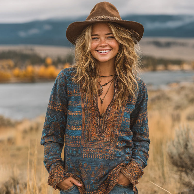 Comstylish Women's Vintage Western Geometric Print V-neck Long Sleeve Blouse