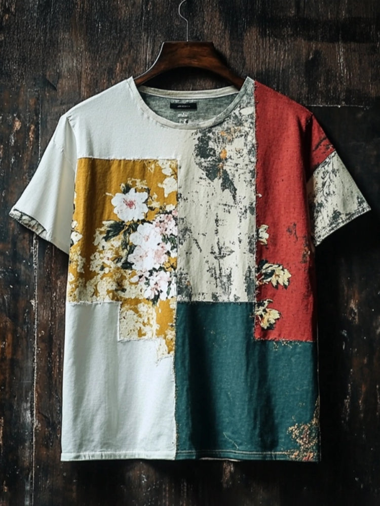Vintage Floral Patchwork Pattern Men's Linen T-shirt artswardrobe