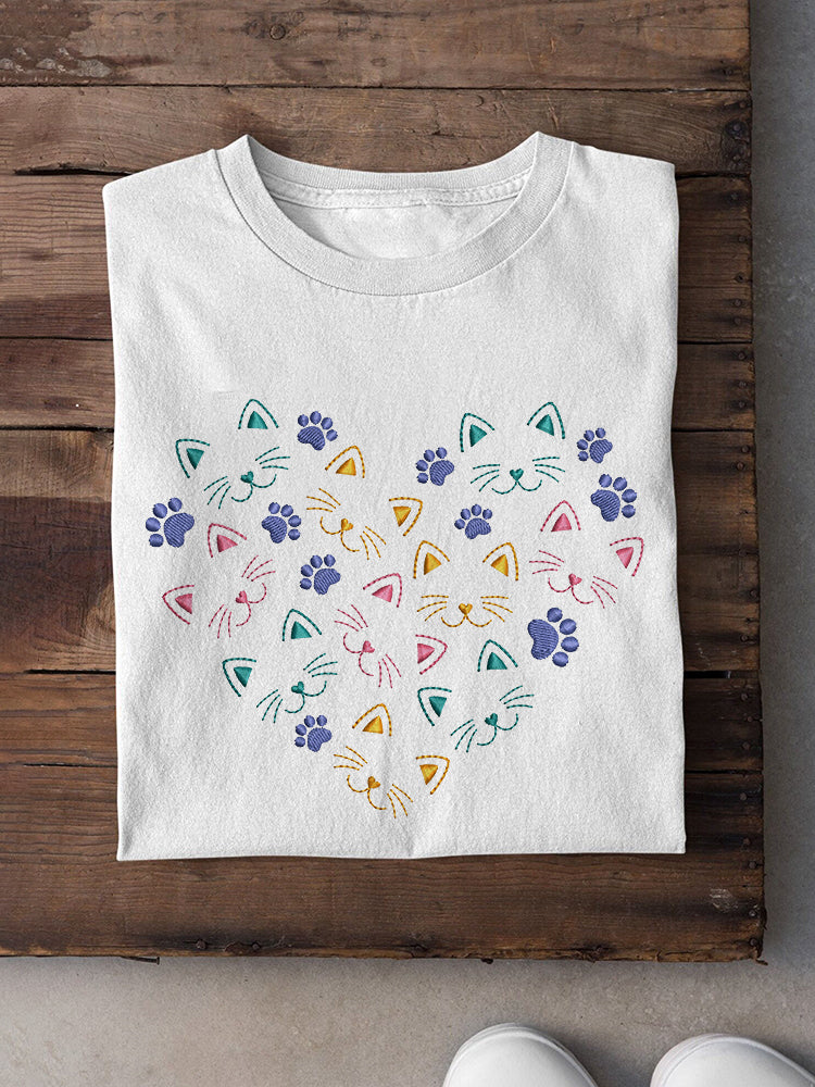 Comstylish Cute Cat Embroidery Pattern Casual Cotton Short Sleeve T-Shirt