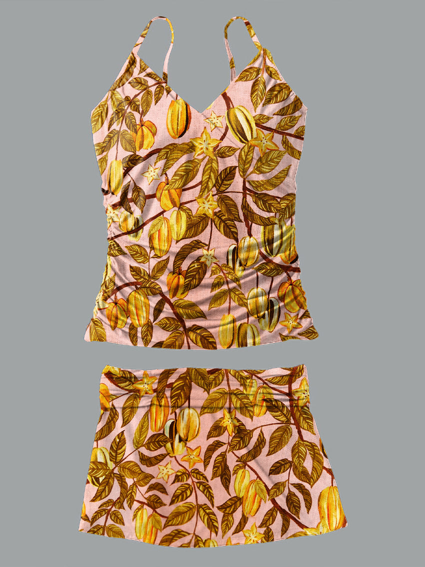 V-Neck Vintage Flowers Print Suspender Skirt Tankini Pantskirt Set Swimsuit