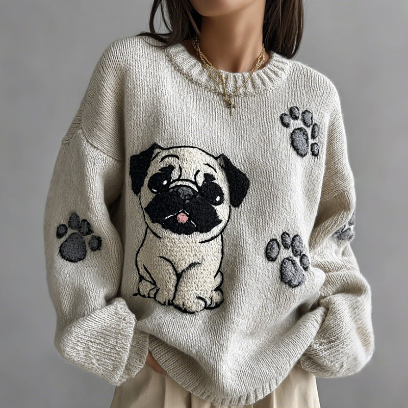 Lovely Cute Pug And Paws Embroidery Art Loose Cozy Knit Sweater elevenforest