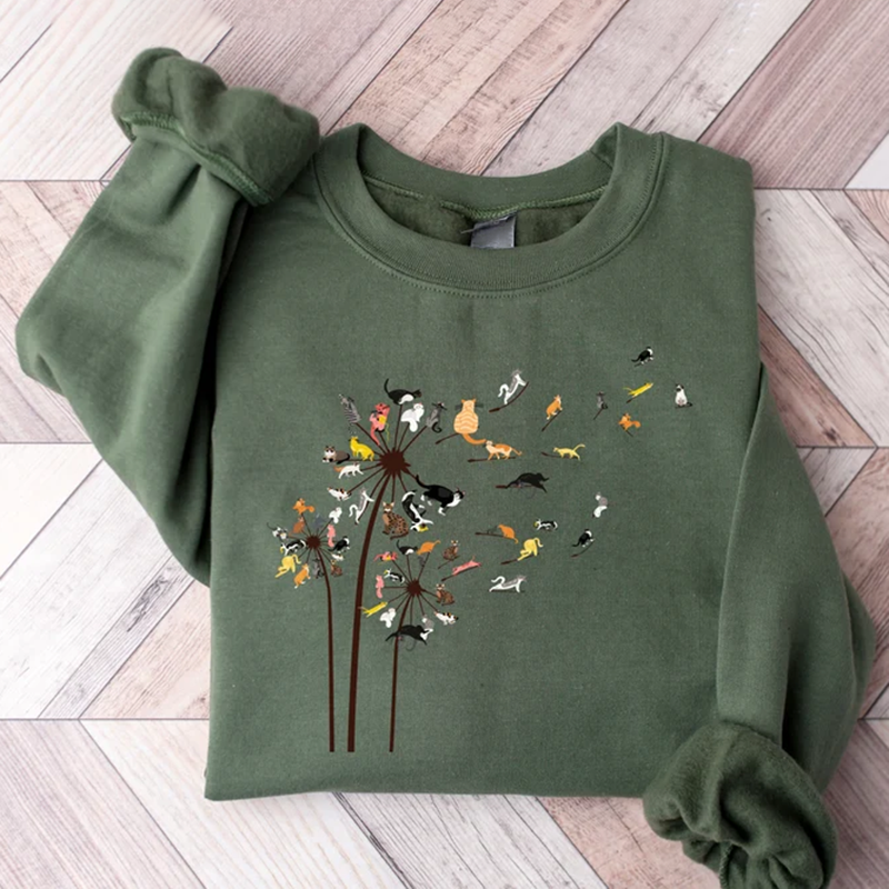 Comstylish Cats Flower Fly Dandelion Art Print Crew Neck Casual Sweatshirt