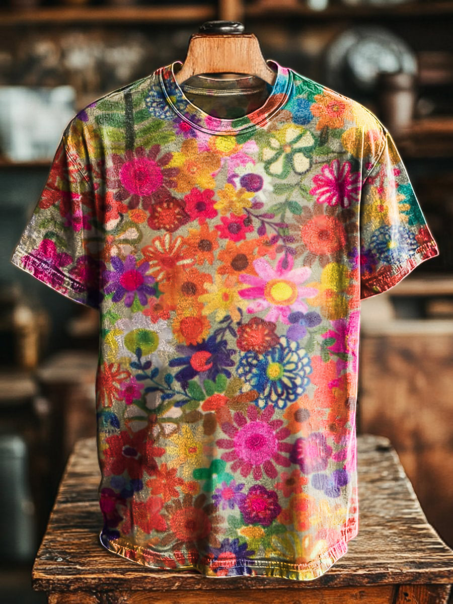 Unisex Painting Floral Art Printed Casual Round Neck Short Sleeve T-Sh