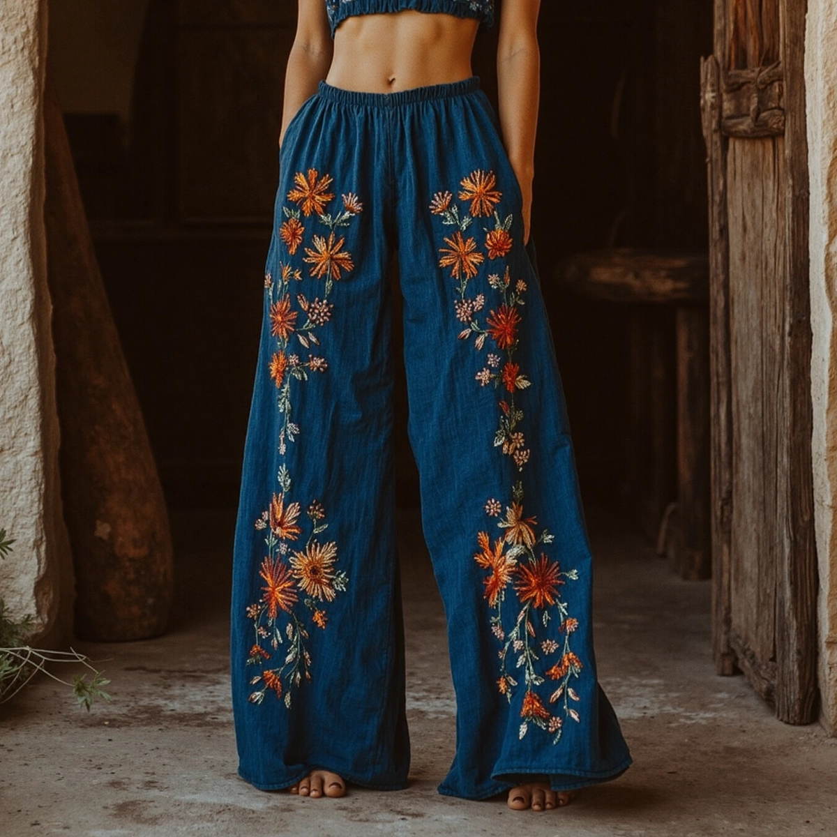 Women's Retro Linen Boho Floral Long Loose Wide-leg Trouser Pants artswardrobe
