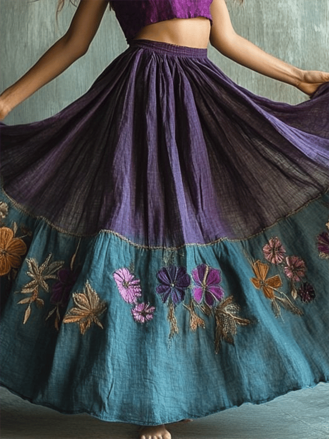 Women's Vintage Floral Embroidered Art Linen Blend Skirt