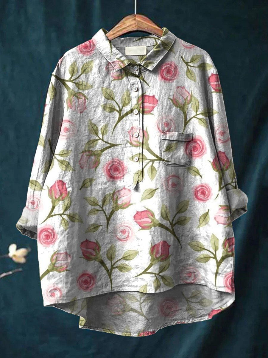 Women's Flower Print Casual Cotton And Linen Shirt