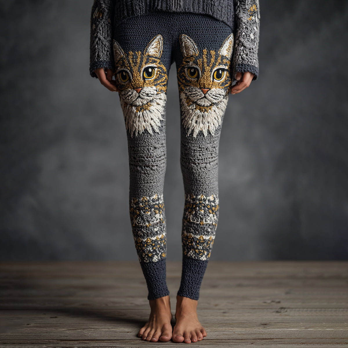Women's Cute Cat Face Embroidered Art Cozy Knit Leggings