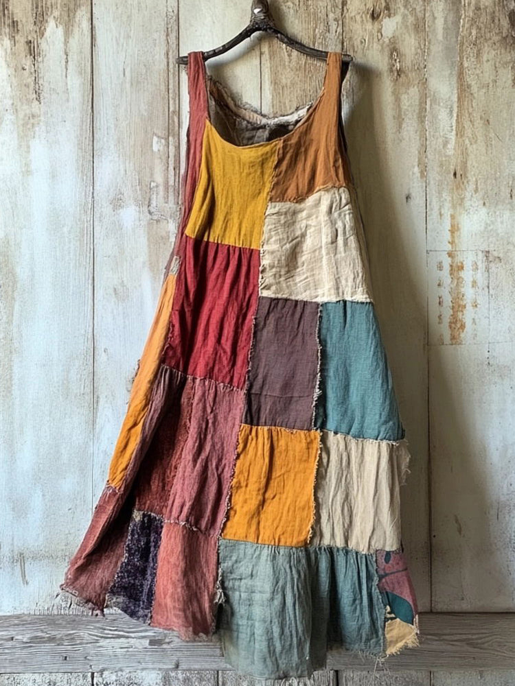Multicolor Patchwork Art Linen Blend Vintage Dress artswardrobe