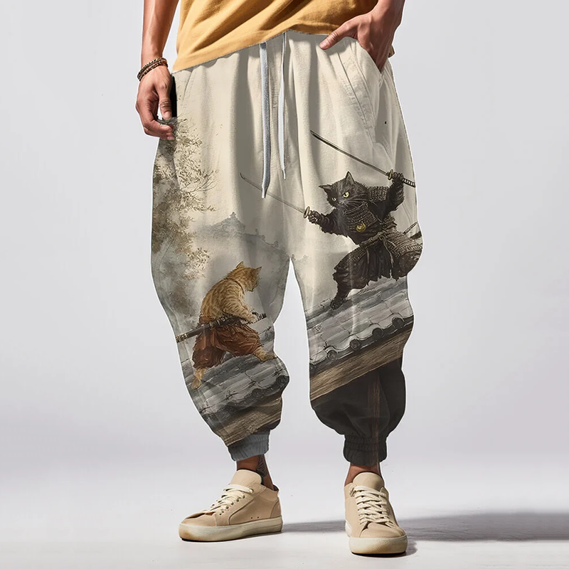 Japanese Art Retro Samurai Cat Japanese Art Print Loose Drawstring Waist Sweatpants elevenforest