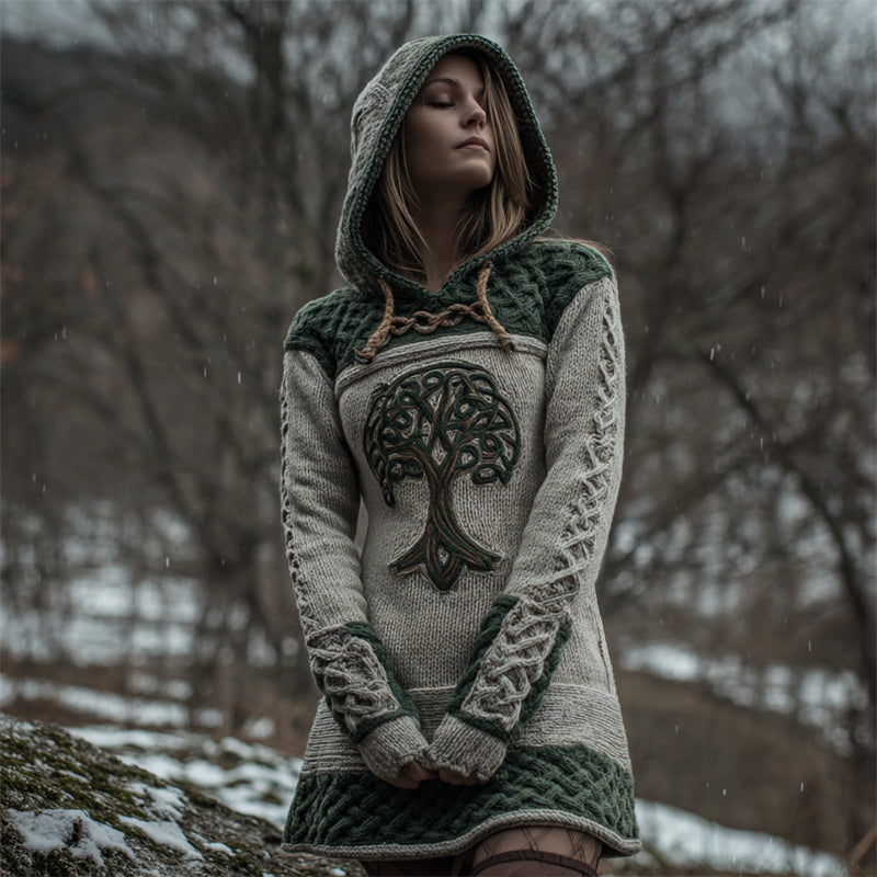 Forest Tree Of Life Celtic Contrast Cozy Chunky Hooded Sweater Dress artswardrobe