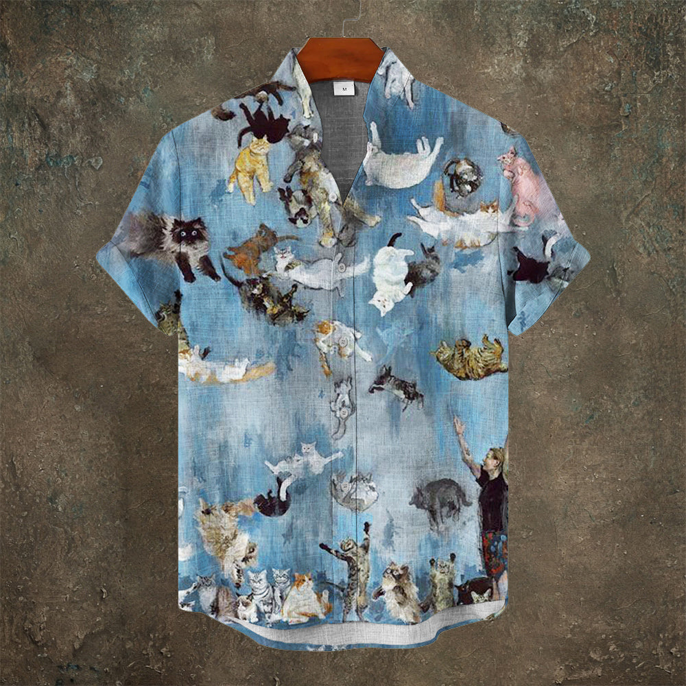 Vintage Oil Painting Cat Art Men's Linen Short Sleeve Shirt elevenforest