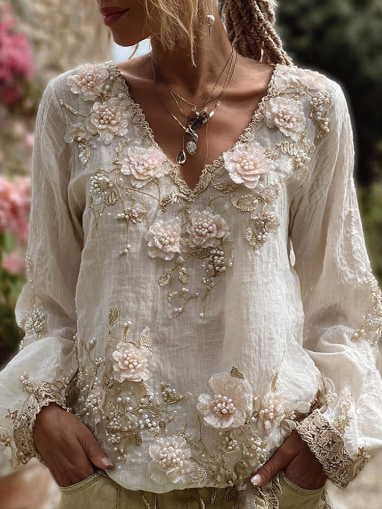 Comstylish Bohemian Style Three-dimensional Flower Pattern Women's V-neck Long-sleeve Cotton And Linen Shirt