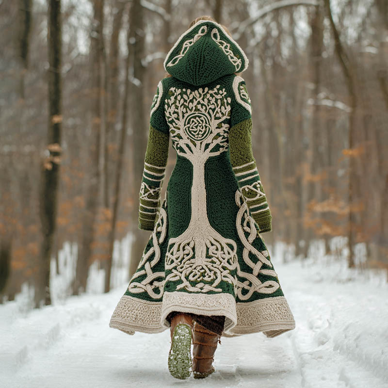 Women's Viking Tree Of Life Celtic Knot Pattern Knit Hooded Long Sweater Coat artswardrobe