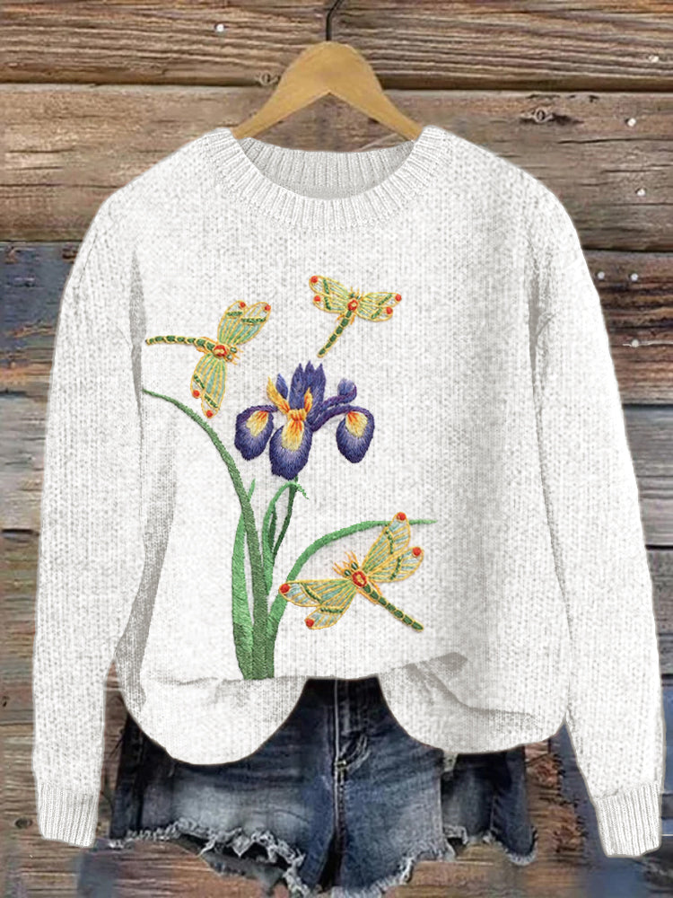 Iris & Dragonfly Embroidery Pattern Cozy Knit Sweater artswardrobe