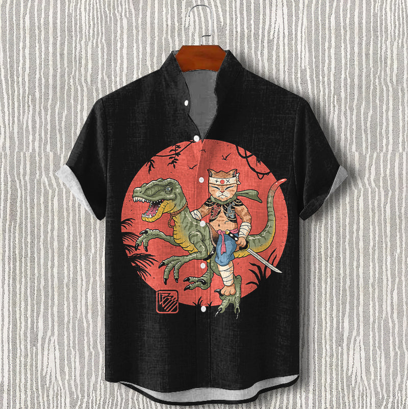 Men's Cat Samurai Riding A Dinosaur Fun Vacation Shirt elevenforest