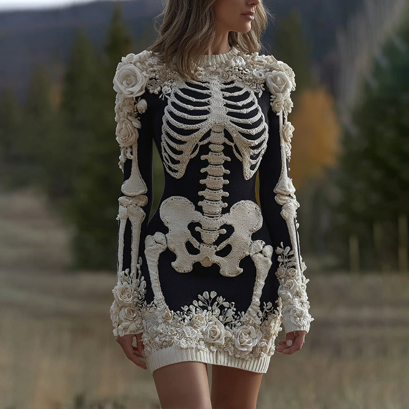 Women's Halloween Skeleton Bones With Rose Art Cozy Knit Mini Sweater Dress artswardrobe